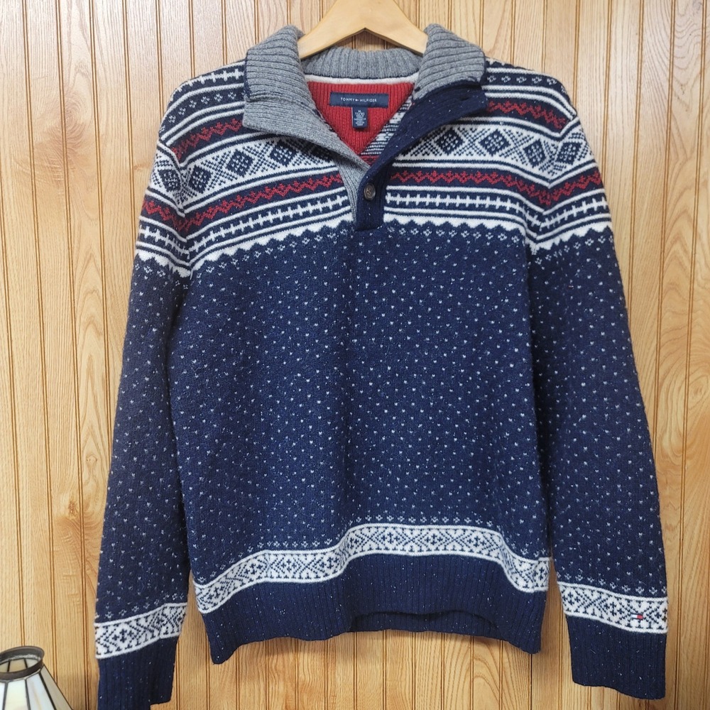 Tommy Hilfiger XL Navy Blue Fair Isle Lambswool Blend Sweater Hygge Ski Chalet